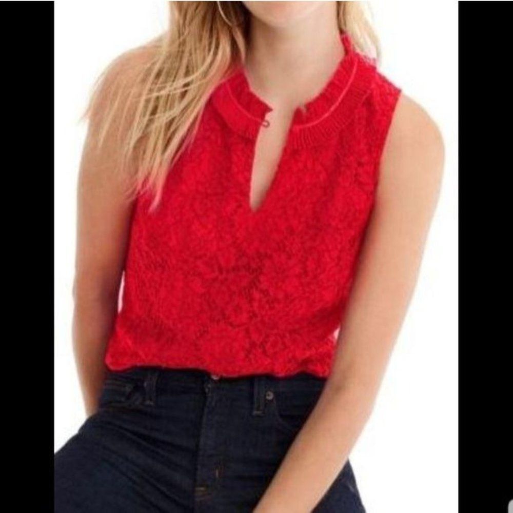 J. Crew Lace Ruffle Neck Sleeveless Top Festive Red Size Women's Small Lined